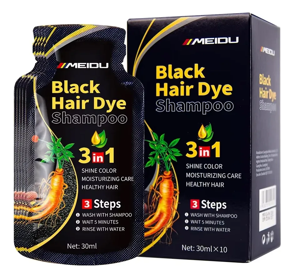 Meidu Champu Tinte Negro Cubre Canas Natural 10 Sobres 30ml